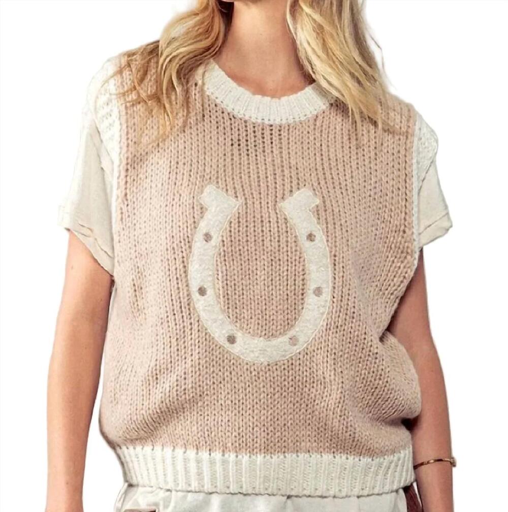 NEW URBAN DAIZY western horseshoe crochet knit ribbed trim sweater vest in mocha